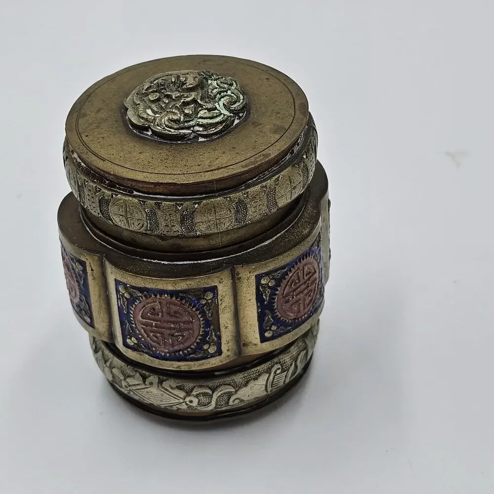 Vintage Chinese Lidded Enamel Brass Tea Caddy Snuff Jar Blue Red